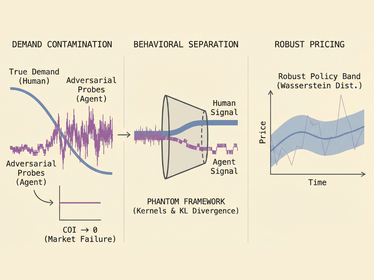 Diagram of PHANTOM framework from demand contamination to behavioral separation and robust pricing.